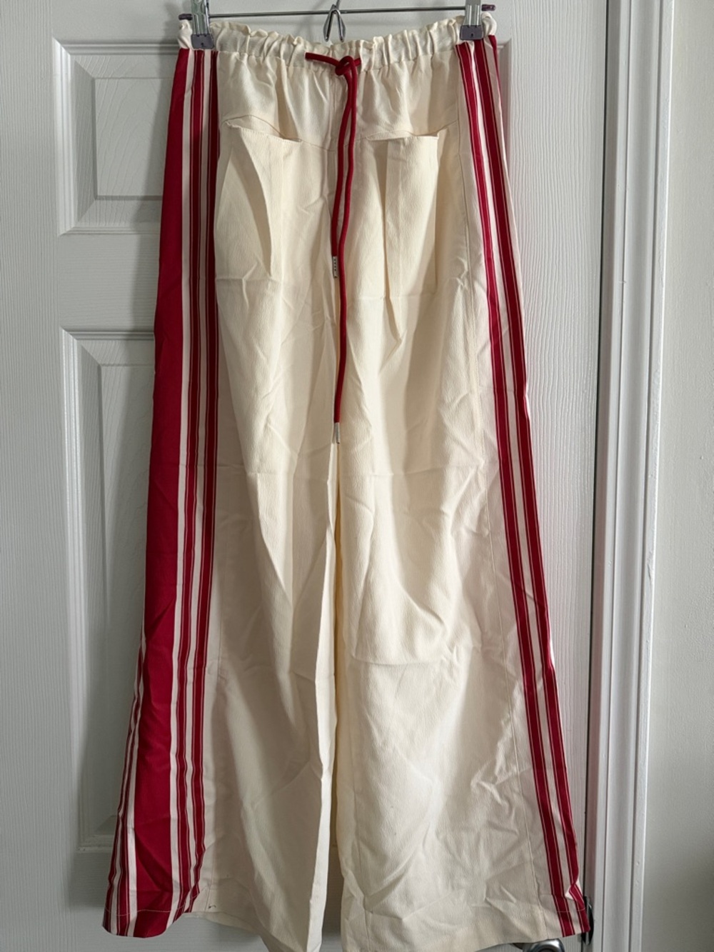Cream Wide-Leg Track Pants with Red Side Stripes